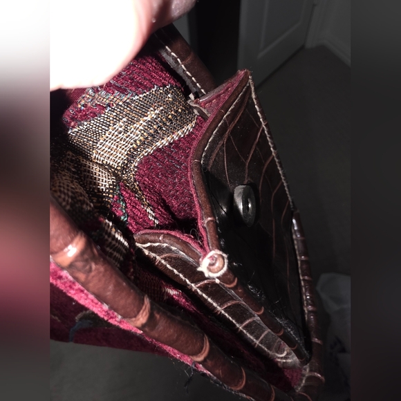 Burgundy Floral Tapestry Purse With Brown Faux Leather - Picture 11 of 11